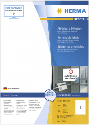 Herma Movables Etik.weiß 210X297 100 Blatt DIN A4 100 Stück 10315