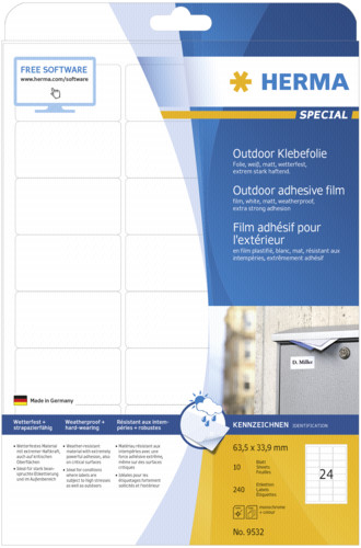 Herma Outd Folie Etik.63,5x33,9 w 10 Bl DIN A4 240 Stück 9532