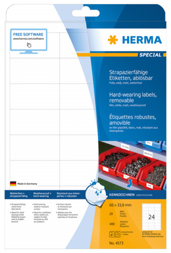 Herma wetterfeste Etiketten 66,0 x33,8 20Bl.DIN A4 ws 480St 4573