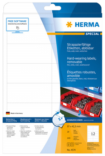 Herma wetterfeste Etiketten 97,0 x42,3 20Bl.DIN A4 ws 240St 4574